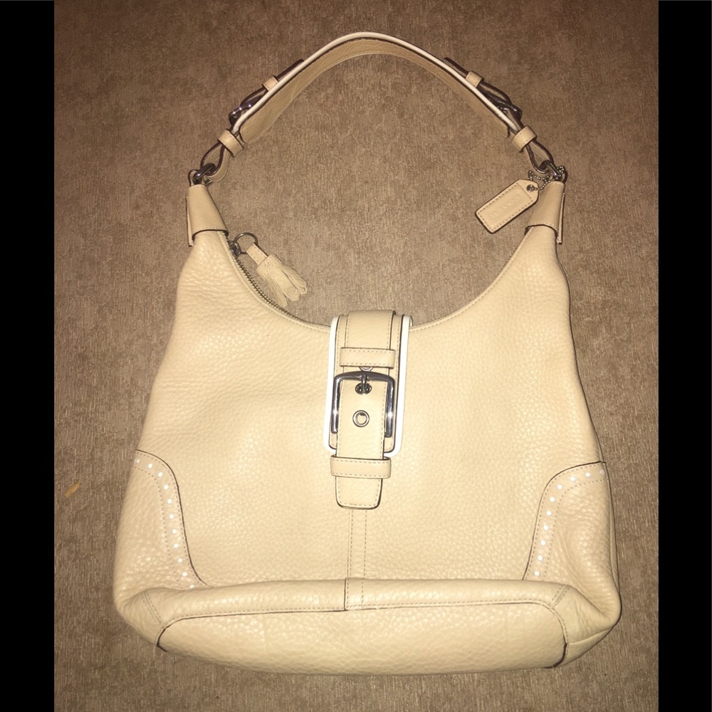 Vintage Coach Hampton Pebbled Leather Hobo Purse Yellow Ivory 11”-13” Drop